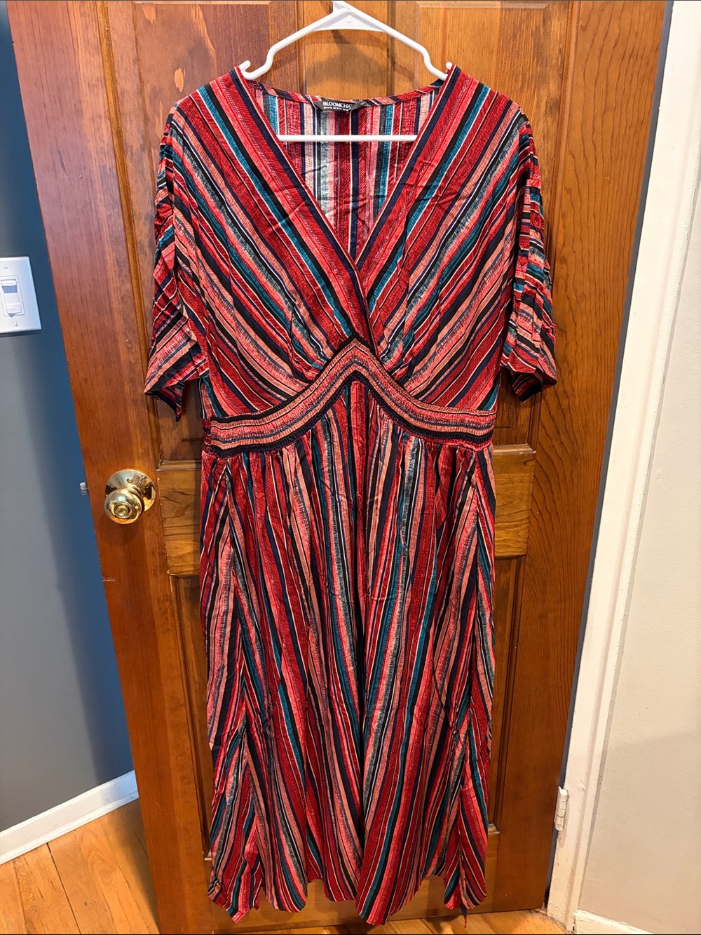 BloomChic Red, Black & Teal Striped Wrap-Style Midi Dress